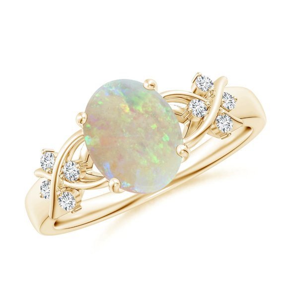 Solitaire Oval Opal Criss Cross Ring with Diamonds - Picture 4 of 16